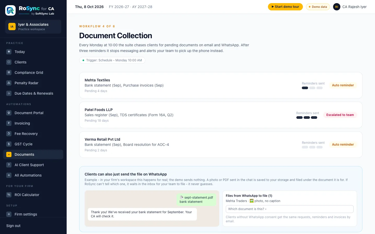RoSync documents inbox: uploads to check, files from WhatsApp to file, and what each client still owes